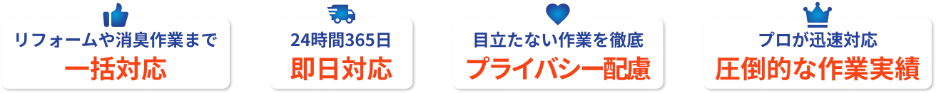 リフォームや消臭作業まで一括対応 24時間365日即日対応 目立たない作業を徹底プライバシー配慮 プロが迅速対応圧倒的な作業実績