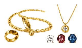Assorted gold jewelry: two chain bracelets, a ring, a pendant necklace, and four gemstone rings with various colored stones