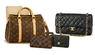 Brown monogram tote/duffel with tan handles, a black quilted Chanel-style shoulder bag, and two brown wallets — a luxury handbag set.