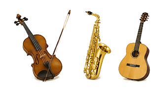 Violin, saxophone, and acoustic guitar arranged side by side.