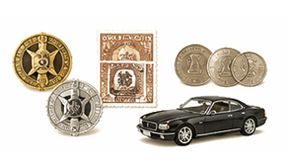 Black convertible car with a display of coins, medals, and stamps on a light background, suggesting a collection scene.