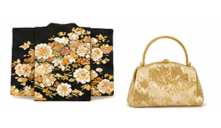 Black fabric panels with gold floral embroidery beside a gold brocade handbag on a light background