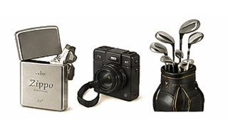 Three vintage items: a Zippo lighter on the left, a black camera in the center, and a golf bag with clubs on the right.